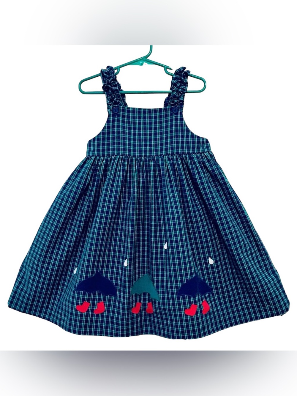 Funtasia Too Girls Size 4T Blue & Green Plaid Appliqued Umbrella Jumper Dress